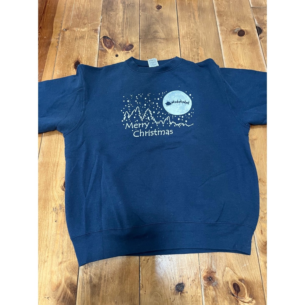 Vintage Fruit of the Loom Merry Christmas Santa Sleigh Sweatshirt Navy Blue L